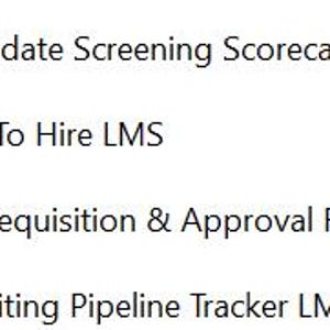 May include: A list of four yellow folder icons arranged vertically, each labeled with black text: Candidate Screening Scorecard LMS, Cost To Hire LMS, Job Requisition & Approval Form LMS, and Recruiting Pipeline Tracker LMS.