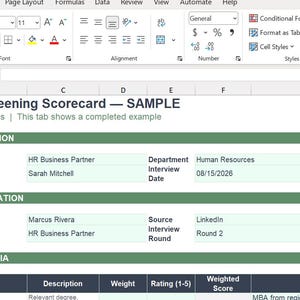 May include: A digital Candidate Screening Scorecard template in a spreadsheet format. The document includes sections for Position Information, Candidate Information, and Evaluation Criteria, with sample data for an HR Business Partner role.