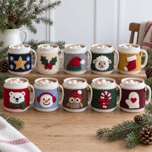 Può includere: Dieci tazze in ceramica bianca, ognuna dotata di un copritazza all'uncinetto rimovibile unico. I disegni includono una stella, agrifoglio, cappello di Babbo Natale, pecora, calza, orso polare, pupazzo di neve, gufo, bastoncino di zucchero e muffola. Ogni copritazza è fissato con un piccolo bottone in legno.