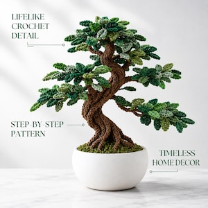 May include: A crocheted bonsai tree with a brown twisted trunk and various shades of green leaves in a white round pot. Text on the image reads: LIFELIKE CROCHET DETAIL, STEP-BY-STEP PATTERN, and TIMELESS HOME DECOR. The structure is intricate.