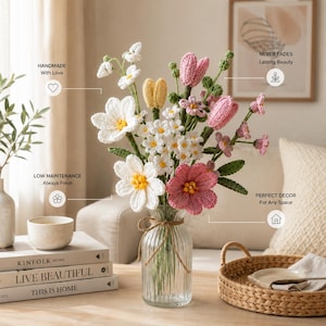 Op de afbeelding: Een boeket van gehaakte bloemen in een heldere, geribbelde glazen vaas. Het arrangement bevat witte, roze en gele garenbloemen met groene stelen. Tekstoverlays bevatten HANDMADE With Love, NEVER FADES Lasting Beauty, LOW MAINTENANCE Always Fresh en PERFECT DECOR For Any Space.