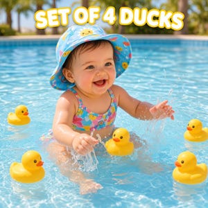 May include: A set of four yellow rubber ducks floating in water. The ducks are bright yellow with orange beaks and black eyes. The text SET OF 4 DUCKS is displayed in white letters with a yellow outline at the top of the image.