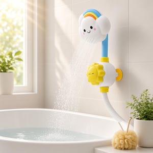 May include: A white cloud-shaped shower head with a rainbow arch, a smiling face, and pink cheeks, attached to a blue pipe and a yellow sun-shaped control knob. Water flows from the cloud into a bathtub, connected by a white flexible hose.