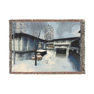 May include: A woven throw blanket featuring a winter city scene with snow-covered ground, a bare tree, and buildings. The number 52375 is printed on the facade of a structure. The blanket has a fringed edge with a multi-colored thread border.