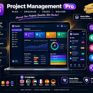 Könnte beinhalten: Eine digitale Projektmanagement-Softwareoberfläche auf einem Laptop- und Smartphone-Bildschirm. Das dunkel gestaltete Dashboard zeigt farbenfrohe Diagramme, Aufgabenlisten und Projektverfolgungstools. Der Text umfasst Project Management Pro, Plan, Organize, Track, Deliver und Manage Your Projects Smarter, Not Harder, sowie verschiedene Funktionssymbole.