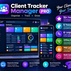 Peut inclure: Un ordinateur portable et un smartphone affichant l'interface du tableau de bord Client Tracker Manager PRO. L'écran montre le statut des projets, les listes de clients et les échéances. La droite liste des fonctionnalités comme 15+ options, 6 thèmes, 6 langues, mode hors ligne, verrouillage par code et verrouillage automatique.