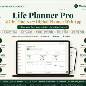 Planejador de Vida Tudo-em-Um Pro | Rastreador de Refeições | Diário, Semanal e Mensal + Rastreador de Orçamento e Hábitos