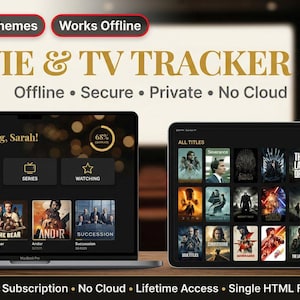 Può includere: Software Movie & TV Tracker Pro visualizzato su un computer portatile, un tablet e uno smartphone. L'interfaccia presenta una dashboard con categorie di film e serie, una sezione per continuare la visione e una griglia di titoli. Testo: 13 Views, 8 Themes, Works Offline, 100% Offline & Secure.