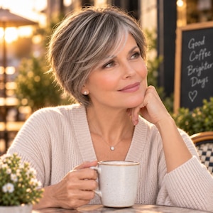 May include: A person with short, layered, salt-and-pepper hair wearing a beige ribbed knit sweater and a delicate silver necklace with a small circular pendant, holding a speckled off-white ceramic mug in a warm, sunlit outdoor setting.