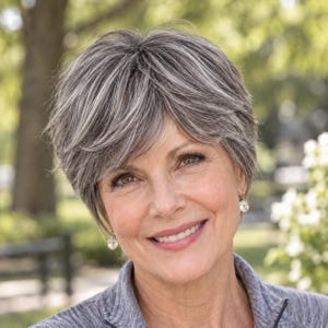 May include: A short, layered wig featuring a blend of silver, gray, and dark charcoal tones. The hair is styled with soft, textured layers that frame the face, creating a natural, voluminous look with a side-swept fringe and a tapered back.