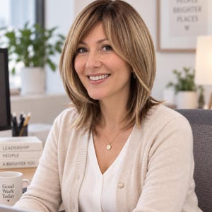 May include: A white mug with the text Good Work Today and a small heart icon, a beige button-down cardigan, a white v-neck top, and a gold necklace with a round pendant. The scene includes books labeled Leadership, People, and A Brighter You.