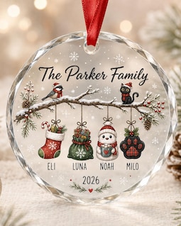 Personalized Family Christmas Ornament, Custom Name Stocking Branch Winter Decor, Faceted Glass Heart Round Keepsake, Holiday Family Gift By Fuzziwink By Fuzziwink Shop owned by Temika New on Etsy