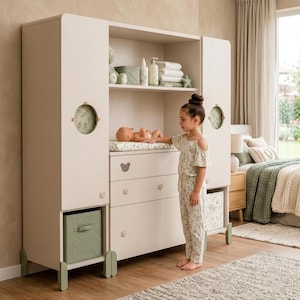 Peut inclure: Une unité de rangement et table à langer pour chambre d'enfant en beige clair, comprenant une table à langer centrale avec matelas à motifs, trois tiroirs à boutons floraux, deux armoires latérales à hublots et deux bacs de rangement vert sauge.