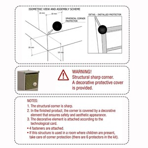 May include: A technical diagram showing a spherical corner protector for furniture. The image includes an isometric view with 18 mm measurements, a detail of the installed protector, a warning about sharp corners, and notes regarding 4 fasteners and 6 protectors.