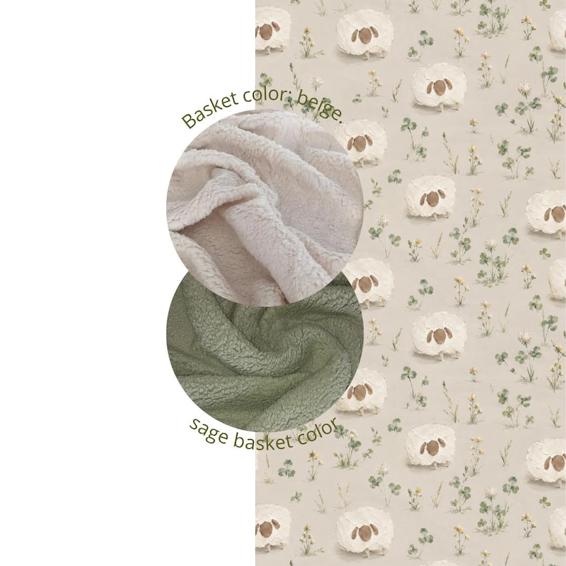 May include: A beige fabric featuring a repeating pattern of white sheep and small green plants. Two circular insets show textured fabric swatches: one in beige with the text "Basket color: beige." and one in sage green with the text "sage basket color."