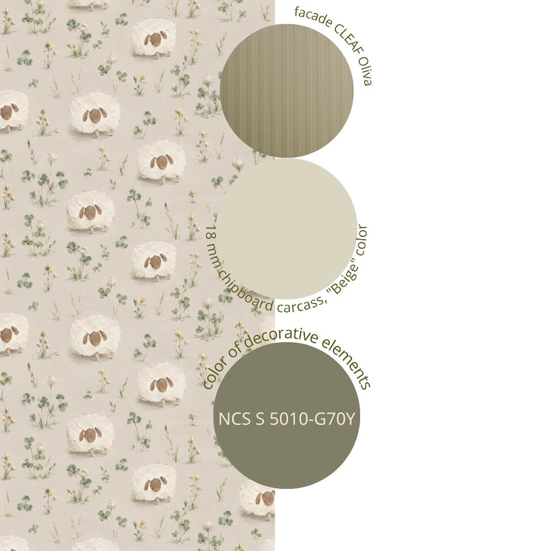 May include: A beige surface with a repeating pattern of white sheep and green wildflowers. Three circular swatches are displayed: a vertically striped olive green, a solid beige labeled 18 mm chipboard carcass, and a dark olive labeled NCS S 5010-G70Y.