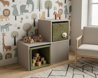 Modular Cube Storage Shelf, Stackable Kids Bookcase, Montessori Nursery Furniture (Beige/Olive)