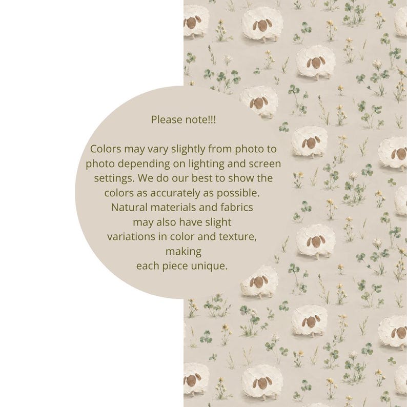 May include: A light beige fabric featuring a repeating pattern of white sheep with brown faces and green clover plants. A circular overlay contains the text: Please note!!! Colors may vary slightly from photo to photo depending on lighting and screen settings.