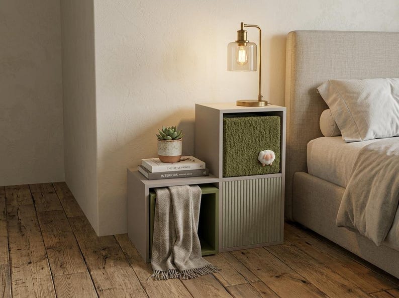 May include: A modular light gray storage unit with two open compartments and one closed compartment featuring a vertical ribbed door. The unit holds a green textured storage bin with a small white sheep accent, a succulent, and two books.