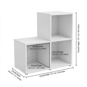 May include: A white tiered storage unit with three open compartments. The overall height is 29 inches, width is 29 inches, and depth is 13.7 inches. Internal dimensions are 13.2 inches wide, 13.2 inches high, and 12.6 inches deep.