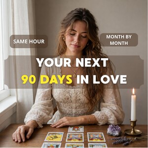 May include: A person with long wavy hair wearing a cream-colored lace blouse sits at a wooden table with tarot cards, a lit white candle, and an amethyst crystal. Text reads: SAME HOUR, MONTH BY MONTH, YOUR NEXT 90 DAYS IN LOVE.
