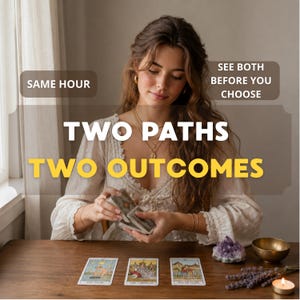 Könnte beinhalten: Ein Tarot-Karten-Set mit drei Karten auf einem Holztisch. Die Texteinblendungen lauten SAME HOUR, SEE BOTH BEFORE YOU CHOOSE, TWO PATHS und TWO OUTCOMES. Die gezeigten Karten sind Der Stern, Die Herrscherin und Sechs der Kelche.