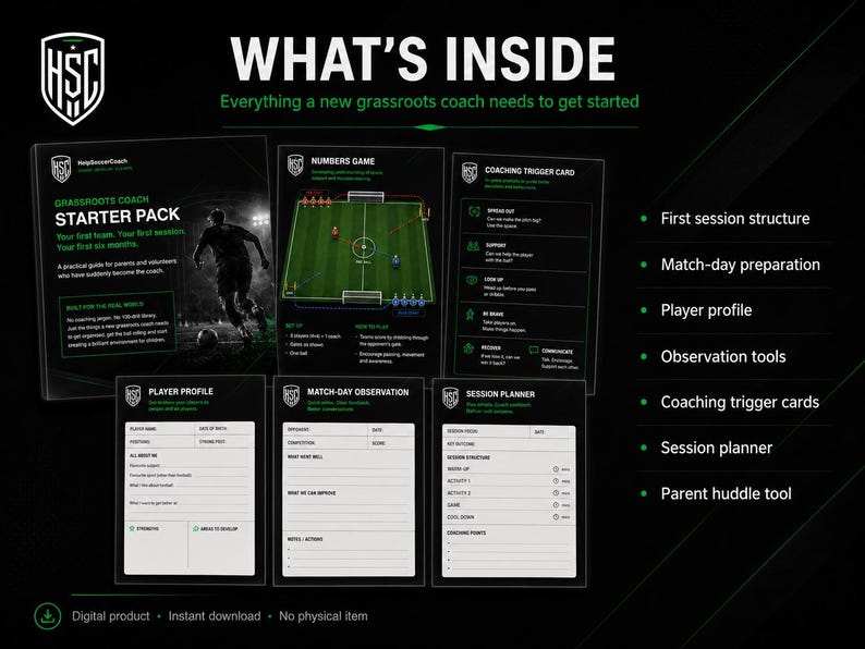 May include: A digital grassroots football coach starter pack featuring a guide, a numbers game card, coaching trigger cards, a player profile form, a match-day observation sheet, and a session planner. The text includes 'WHAT'S INSIDE' and 'GRASSROOTS COACH STARTER PACK'.