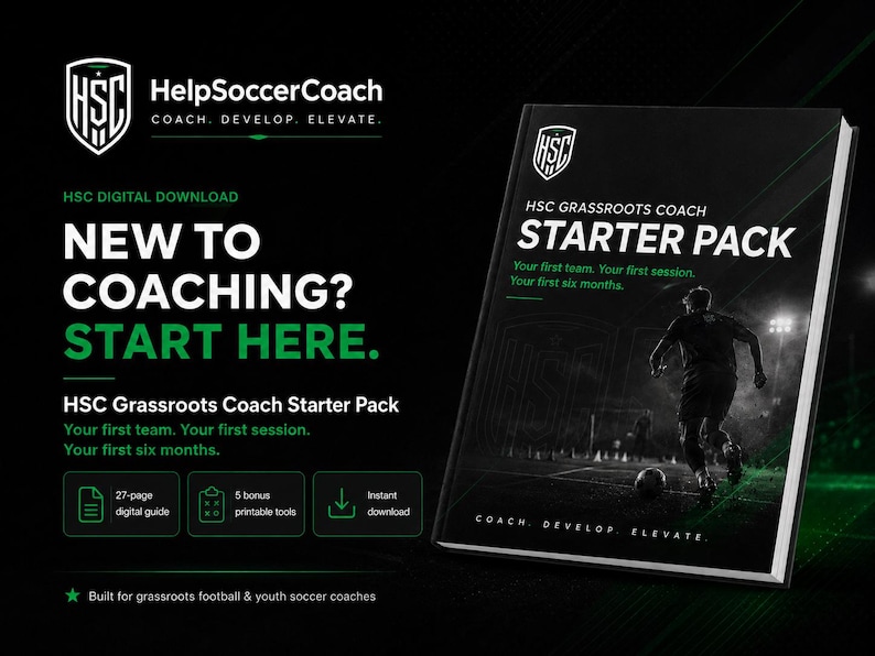 May include: A black digital guide titled HSC Grassroots Coach Starter Pack featuring a football player on the cover. Text includes New to Coaching? Start Here, Your first team. Your first session. Your first six months, and Coach. Develop. Elevate.