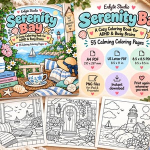 Può includere: Un libro da colorare digitale intitolato Serenity Bay con 55 pagine rilassanti per menti impegnate. Include formati PDF A4, US Letter e 8,5 x 8,5 pollici, oltre a file PNG per iPad e Procreate. La copertina mostra una scena costiera.