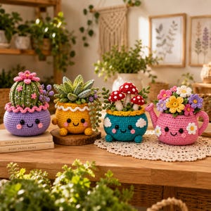 Häkelpflanzen-Anleitungspaket (PDF), 4 Amigurumi-Gartenfiguren, Kaktus, Sukkulente, Pilz & Blumentopf (Häkelanleitungen)