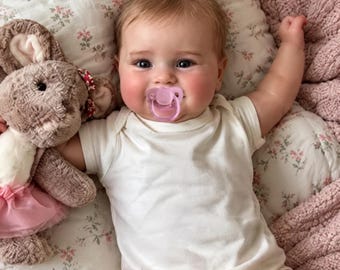 May include: A baby with light brown hair wearing a plain white short-sleeved bodysuit and a translucent pink pacifier. The baby is lying down next to a plush brown stuffed animal wearing a pink tutu and a small red floral hair accessory.