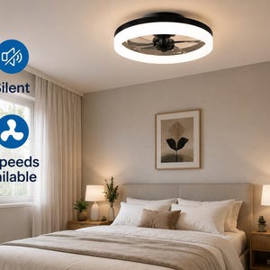 Könnte beinhalten: Ein schwarzer, runder Deckenventilator mit integriertem LED-Lichtring. Das Gerät verfügt über einen zentralen Ventilator und einen hellen, weißen Lichtrand. Der Text auf dem Bild gibt an, dass der Ventilator leise ist und 6 Geschwindigkeiten bietet.