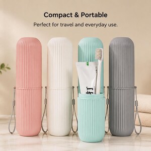 May include: Four cylindrical toothbrush cases in pink, white, light blue, and gray, each featuring a vertical ribbed texture and a small carrying strap. The light blue case is open, revealing a white toothbrush and a tube of toothpaste inside.