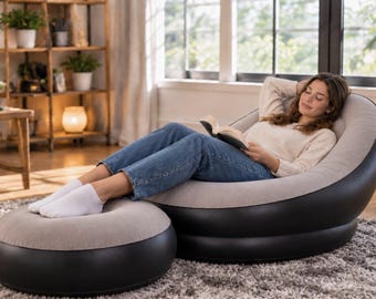 Opblaasbare loungestoel met voetenbank, draagbare opblaasstoel, comfortabele zitplaats, buitenstoel, beige of marineblauw