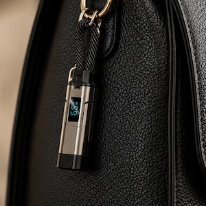 Può includere: Un dispositivo elettronico rettangolare in metallo argento e nero con uno schermo digitale che mostra numeri blu, fissato a un passante in corda nera intrecciata e a un anello in metallo dorato, appeso su una superficie in pelle nera testurizzata.