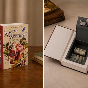 Pode incluir: Um cofre disfarçado de livro intitulado Alice in Wonderland de Lewis Carroll. O exterior apresenta uma capa creme com ilustrações coloridas. O interior revela uma caixa de segurança de metal cinza-escuro contendo notas de dinheiro.
