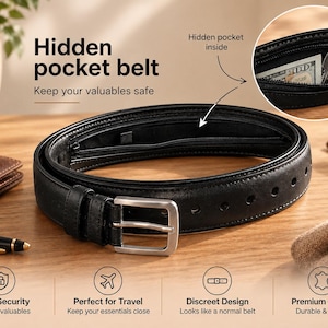 May include: A black belt featuring a silver-toned metal buckle and a zippered hidden pocket along the inner side. The belt includes text that reads Hidden pocket belt, Keep your valuables safe, Extra Security, Perfect for Travel, and Premium Quality.