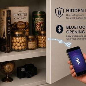 Puede incluir: Una puerta de armario con cerradura oculta y sistema de apertura Bluetooth controlado por smartphone. El texto dice HIDDEN LOCK, Discreet security for what matters most, BLUETOOTH OPENING y Easy and secure access with your smartphone.
