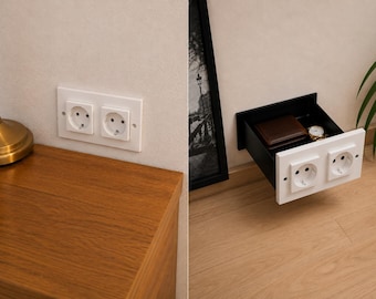 Peut inclure: Une unité de rangement murale dotée d'une façade de prise électrique double blanche servant de tiroir. L'intérieur du tiroir noir contient un portefeuille en cuir marron et une montre-bracelet métallique, offrant un espace de rangement dissimulé.