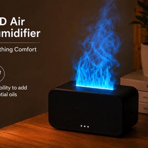 Puede incluir: Un humidificador de aire LED negro de forma rectangular que emite una niebla azul que se asemeja a una llama. El dispositivo cuenta con tres pequeñas luces indicadoras blancas en la parte frontal. El texto dice: LED Air Humidifier, Breathing Comfort, Possibility to add essential oils.