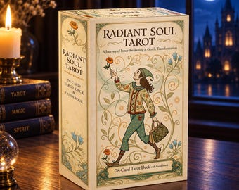 Könnte beinhalten: Ein rechteckiges Kartenset mit dem Titel Radiant Soul Tarot, A Journey of Inner Awakening & Gentle Transformation. Die Box zeigt eine Illustration einer Person in gemusterter Tunika und Hose, die eine Blume und eine Tasche hält, umgeben von Ranken.