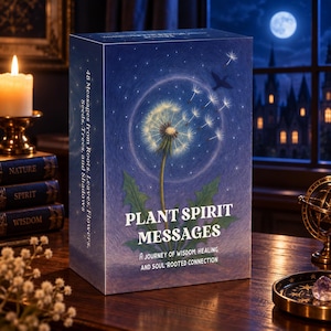 May include: A rectangular deck box titled Plant Spirit Messages with a blue background featuring a dandelion, a bird silhouette, and stars. The side text reads 48 Messages From Roots, Leaves, Flowers, Seeds, Trees, and Shadows.