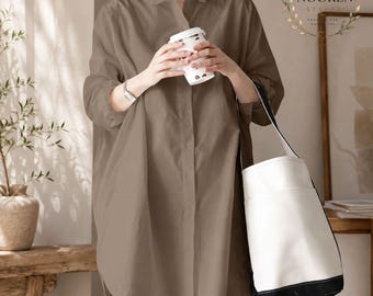 Oversized polyester overhemd met knoopsluiting, comfortabele tuniek, casual lange blouse