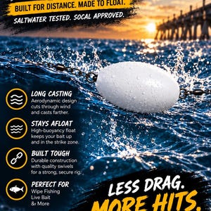 May include: A white oval fishing bobber with metal swivels on each end, floating in blue water with splashes. Text includes: HAWAIIAN BOBBER, BUILT FOR DISTANCE. MADE TO FLOAT. SALTWATER TESTED. SOCAL APPROVED. LESS DRAG. MORE HITS. SHOP NOW LINK IN BIO.
