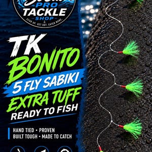 May include: A fishing rig featuring five neon green feathered lures attached to a clear monofilament line. The product is labeled TK BONITO 5 FLY SABIKI EXTRA TUFF READY TO FISH, with additional text detailing hand-tied construction and features.