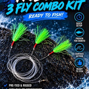 May include: A TK Bonito 3 Fly Combo Kit featuring three neon green feathered lures with red accents, pre-tied on clear fishing line with a metal swivel. The graphic includes text: Catch More Adventures, Ready to Fish, and Surface Bites.