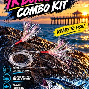 May include: A TK Bonita Flies Combo Kit featuring two fishing lures with red thread wraps and iridescent tinsel tails, connected by clear monofilament line and a metal swivel. The text reads CATCH MORE ADVENTURES, TK BONITA FLIES COMBO KIT, READY TO FISH!