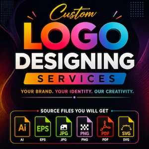 May include: A graphic advertisement for custom logo designing services with the text Custom Logo Designing Services and Your Brand. Your Identity. Our Creativity. It lists source files including Ai, EPS, JPG, PNG, PDF, and SVG icons.