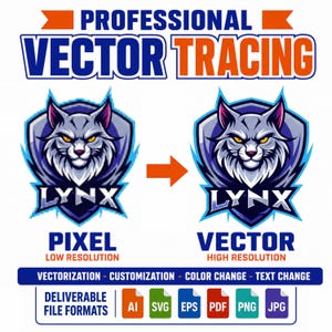 Könnte beinhalten: Eine Grafik zur professionellen Vektorisierung mit einem niedrig aufgelösten, verpixelten Luchs-Logo links und einem hochaufgelösten Vektor-Luchs-Logo rechts. Der Text umfasst PROFESSIONAL VECTOR TRACING, PIXEL, VECTOR sowie die Dateiformate AI, SVG, EPS, PDF, PNG, JPG.