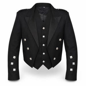 May include: A black formal jacket and matching waistcoat set featuring satin lapels and silver-toned square buttons. The jacket includes braided shoulder epaulettes, while both the jacket and waistcoat are adorned with decorative silver buttons on the front and sleeves.